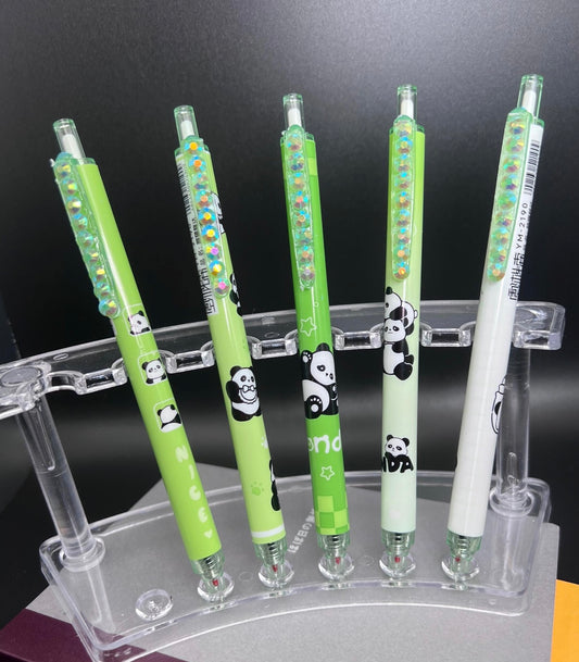5 blinged panda pens with glass rhinestones