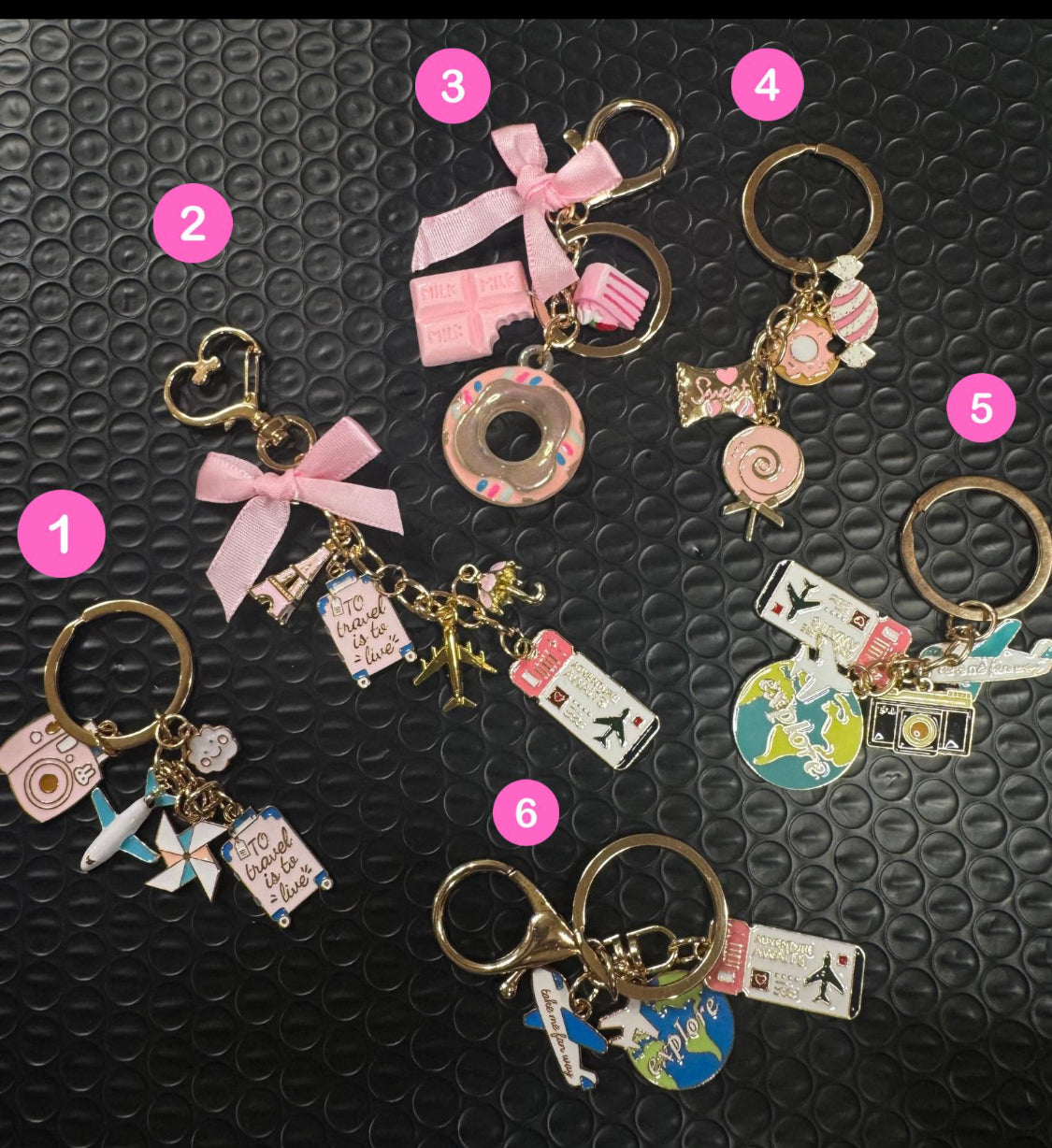 Travel & Donuts sweets charm keychains 6 items